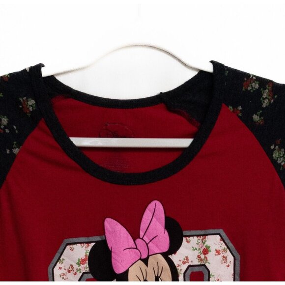 Disney Womens Red Black Polycotton T-Shirt Minnie Mouse 28 Floral Round Neck XL - Picture 4 of 8